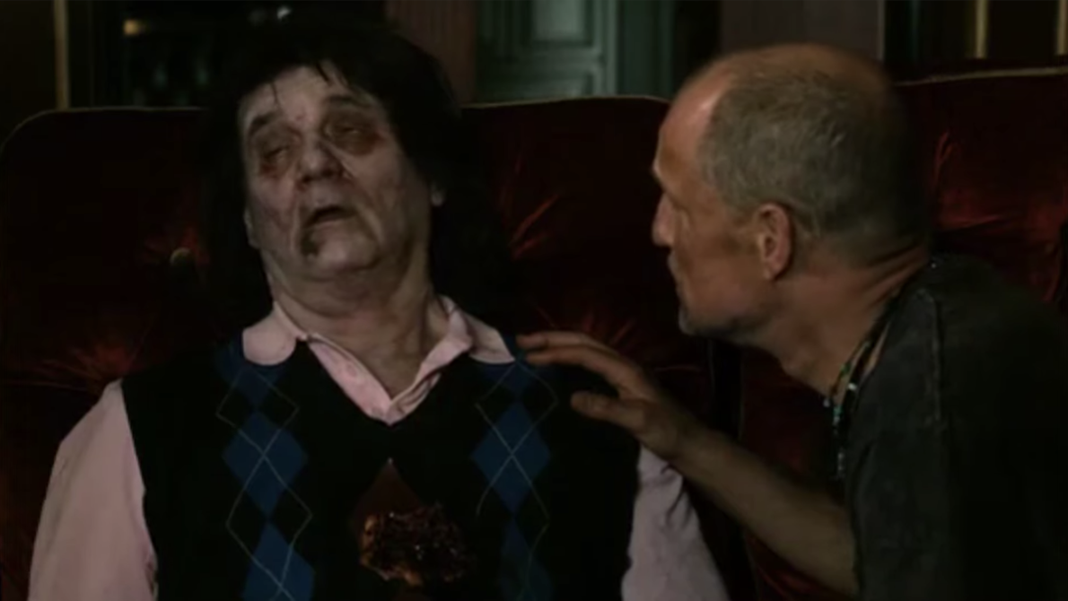 Bill Murray disguised as a zombie after having been shot