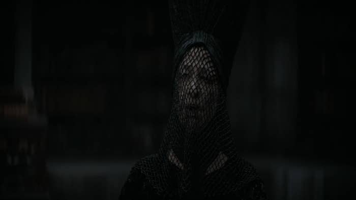 A woman dressed in a black dress with a black mesh like veil on her face.