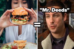 A woman holds a burger over a plate and a close up of Adam Sandler as he wears a wool coat