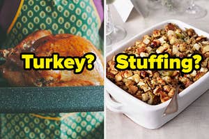 Two hands holds a pan with a roasted turkey in it and a pan filled with stuffing sits on a table