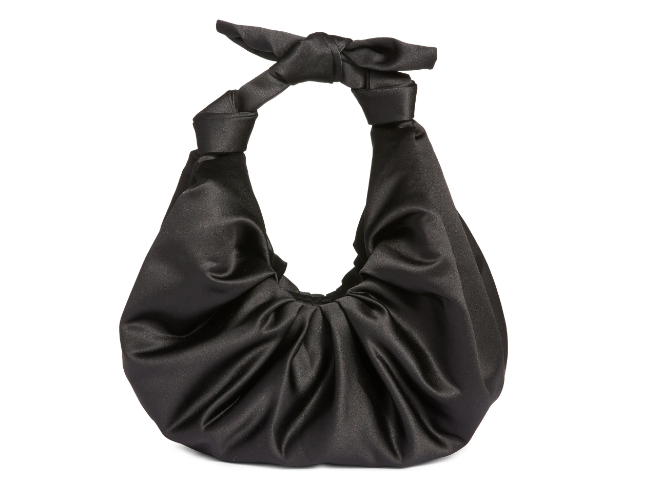 Croissant-shaped black satin shoulder bag