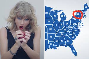 On the left, Taylor Swift holding an apple in the Blank Space music video, and on the right, a map of the US with a circle around New York