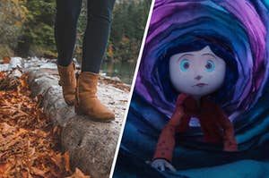 A pair of boots walks across a log and a close up of Coraline as she crawls through a tunnel