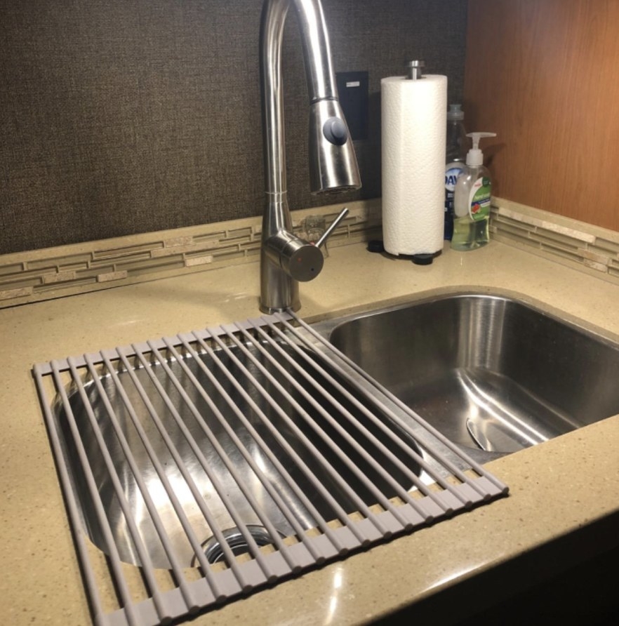 reviewer photo showing the over sink drying rack