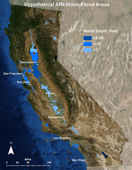 A graphic showing predicted flooding dramatically impacting the Bay Area and Sacramento.