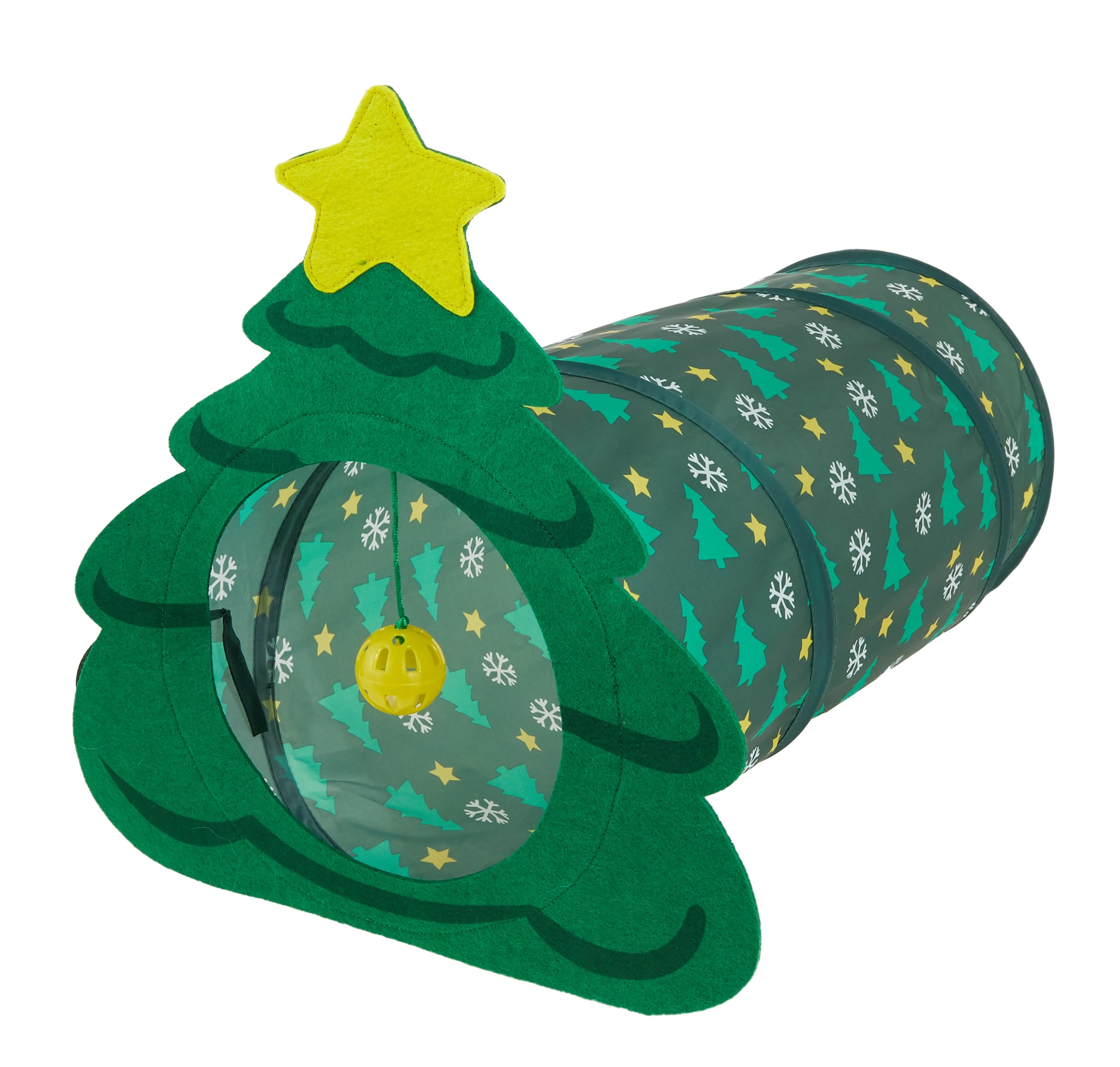 Cat tunnel decorated with Christmas trees and snowflakes
