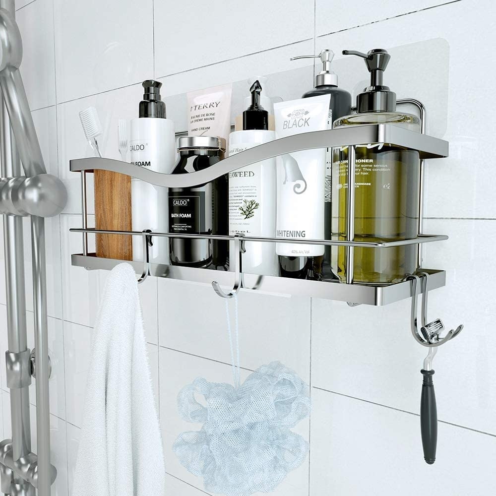 shower storage shelf filled with bathroom products