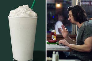 On the left, a Vanilla Bean Crème Frappuccino from Starbucks, and on the right, Adam Driver making an okay symbol and saying good soup on Girls