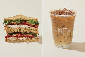 a chicken BLT on the left and an iced coffee on the right