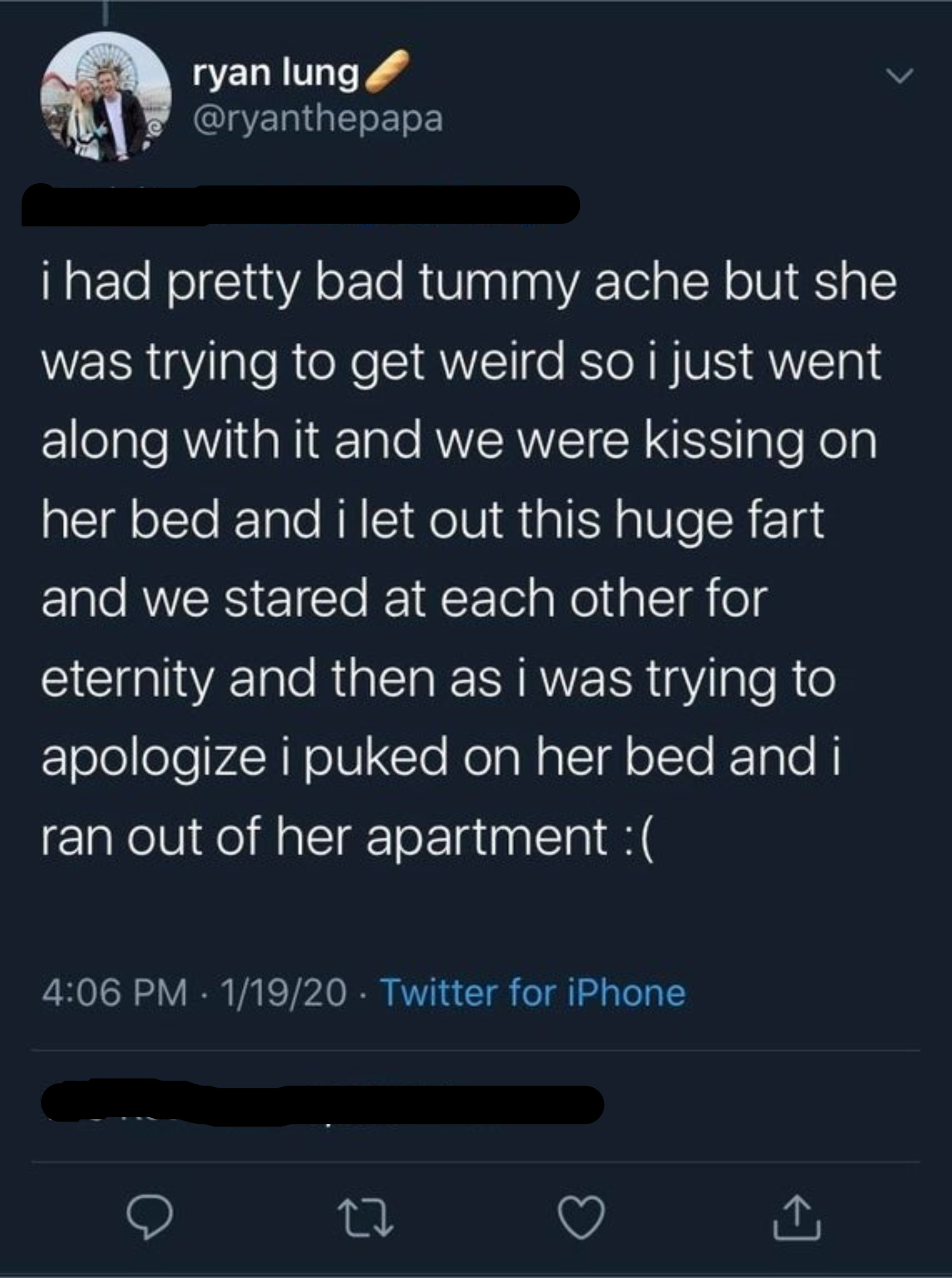Date where someone lets out a big fart while they&#x27;re making out and while apologizing throws up on their bed and then runs out of the apartment