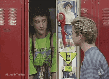 one character closing the door on another character inside a locker on Saved by the bell