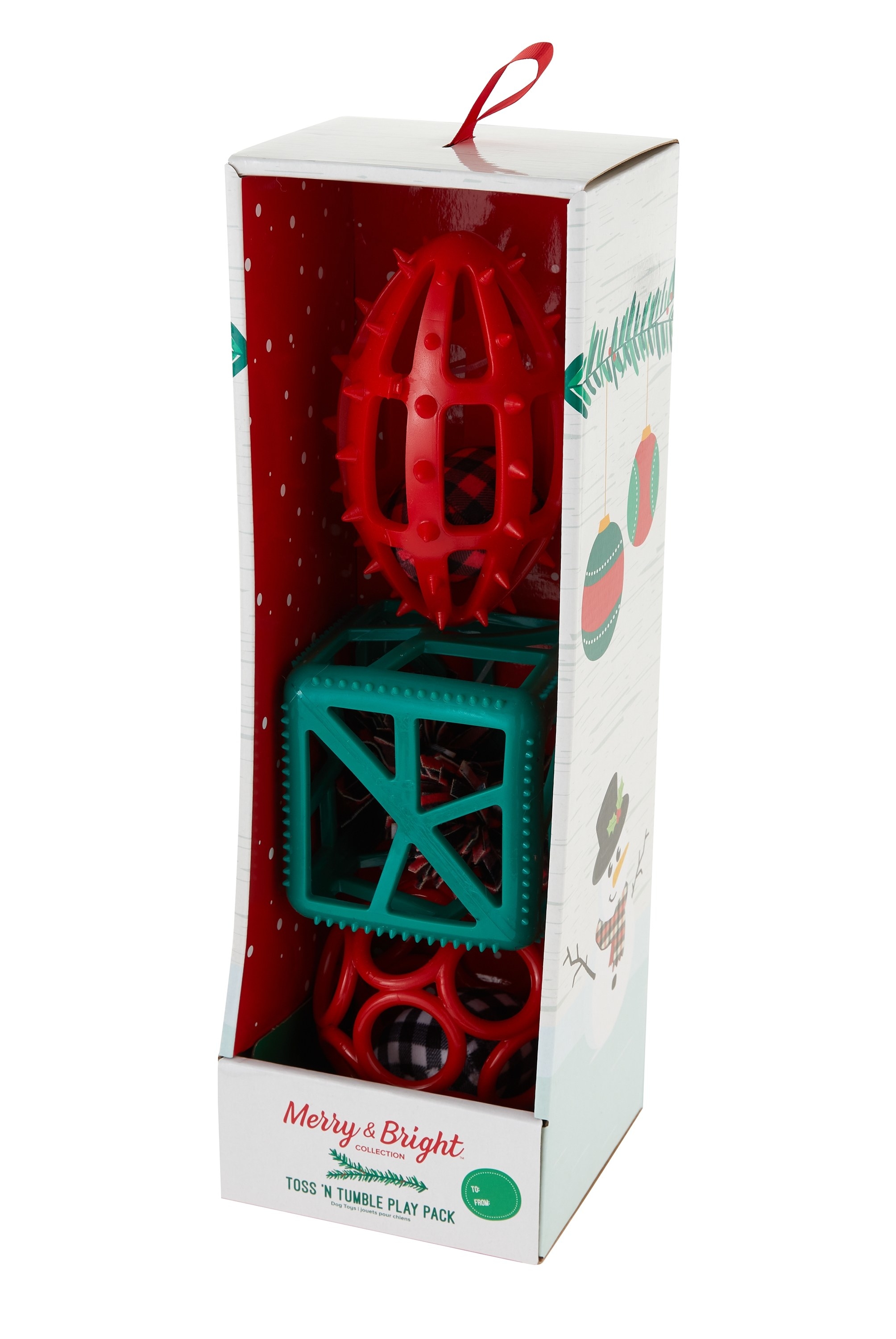 Package of three dog toys in holiday red and green