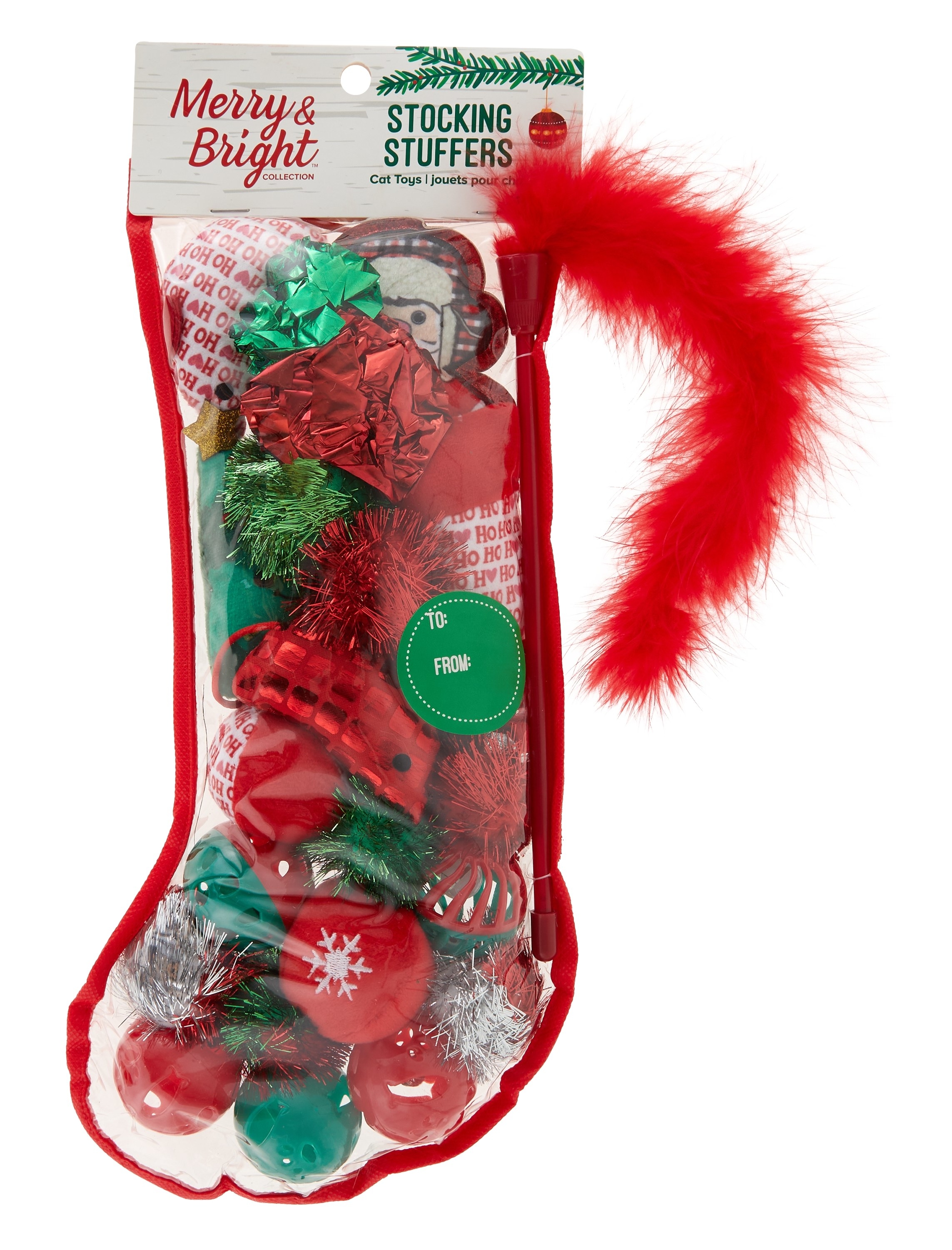 A bunch of cat toys in a plastic Christmas stocking