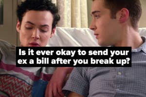Miles and Tristan from "Degrassi" captioned "Is it ever okay to send your ex a bill after you break up?"