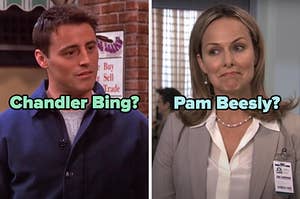 On the left, Joey from Friends labeled Chandler Bing, and on the right, Jan from The Office labeled Pam Beesly