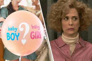 Balloon with the words "baby boy" and "baby girl" with a question mark in the middle next to a photo of Kristen Wiig looking like "yikes"