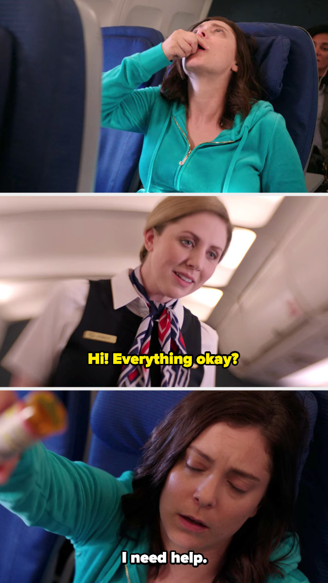Rebecca taking pills and then telling a flight attendant, "I need help"