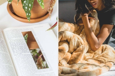 open book with a mirror bookmark, person hugging a faux fur weighted blanket