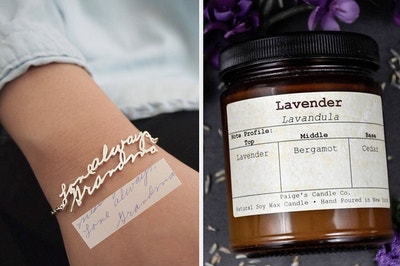 personalized handwritten bracelet and a lavender candle