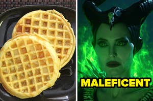On the left, some frozen waffles on a plate topped with syrup, and on the right, Angelina Jolie as Maleficent