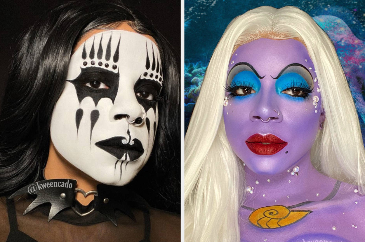 Did a trial run for my Beetlejuice Halloween makeup. First time with white  face makeup. Any tips greatly appreciated. Also, which side of contour  looks better to you all? : r/Drag