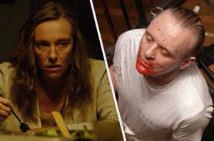 Toni Collette in Hereditary and Anthony Hopkins in The Silence of the Lambs