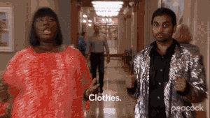 gif of characters from parks and rec saying &quot;treat yo&#x27;self&quot;