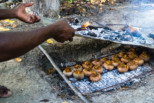 A man cooks sea urchins outdoors in Grenada.