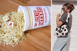 left image: cup of noodles yahtzee, right image: person wearing plush purse