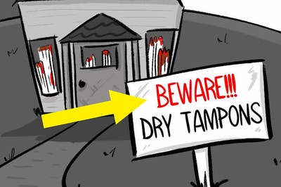 Illustration of a haunted house with dry tampons inside