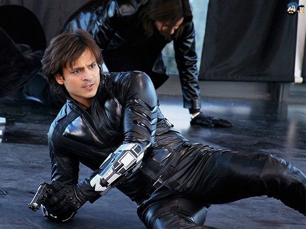 Bollywood actor Vivek Oberoi, in the middle of an action scene, dressed in a black leather suit for the movie Prince.