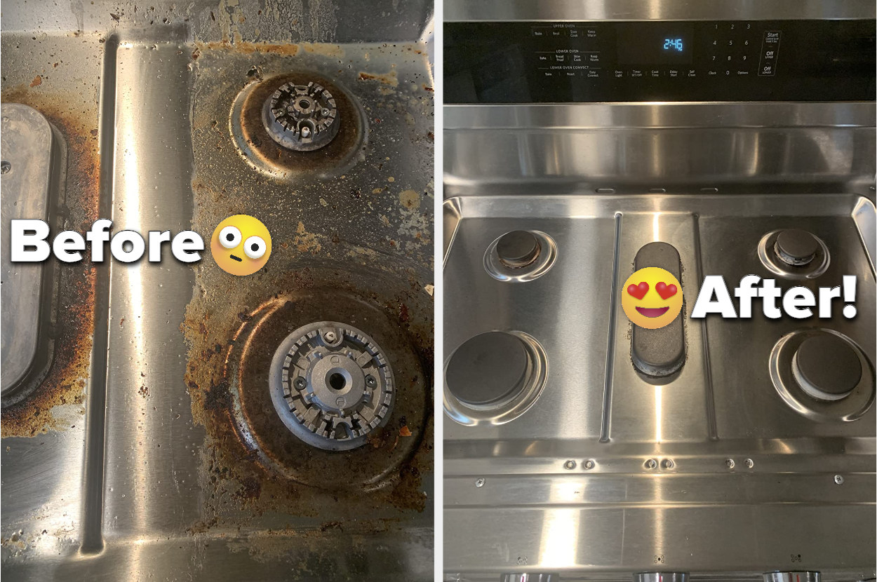 Reviewer&#x27;s before and after shot of a dirty and then very clean stovetop