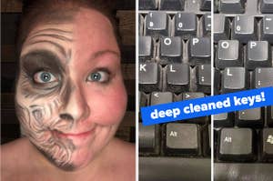 On the left, a reviewer with half their face covered in Halloween makeup and half clean. On the right, a keyboard looking dusty then cleaner with the text "deep cleaned keys!"