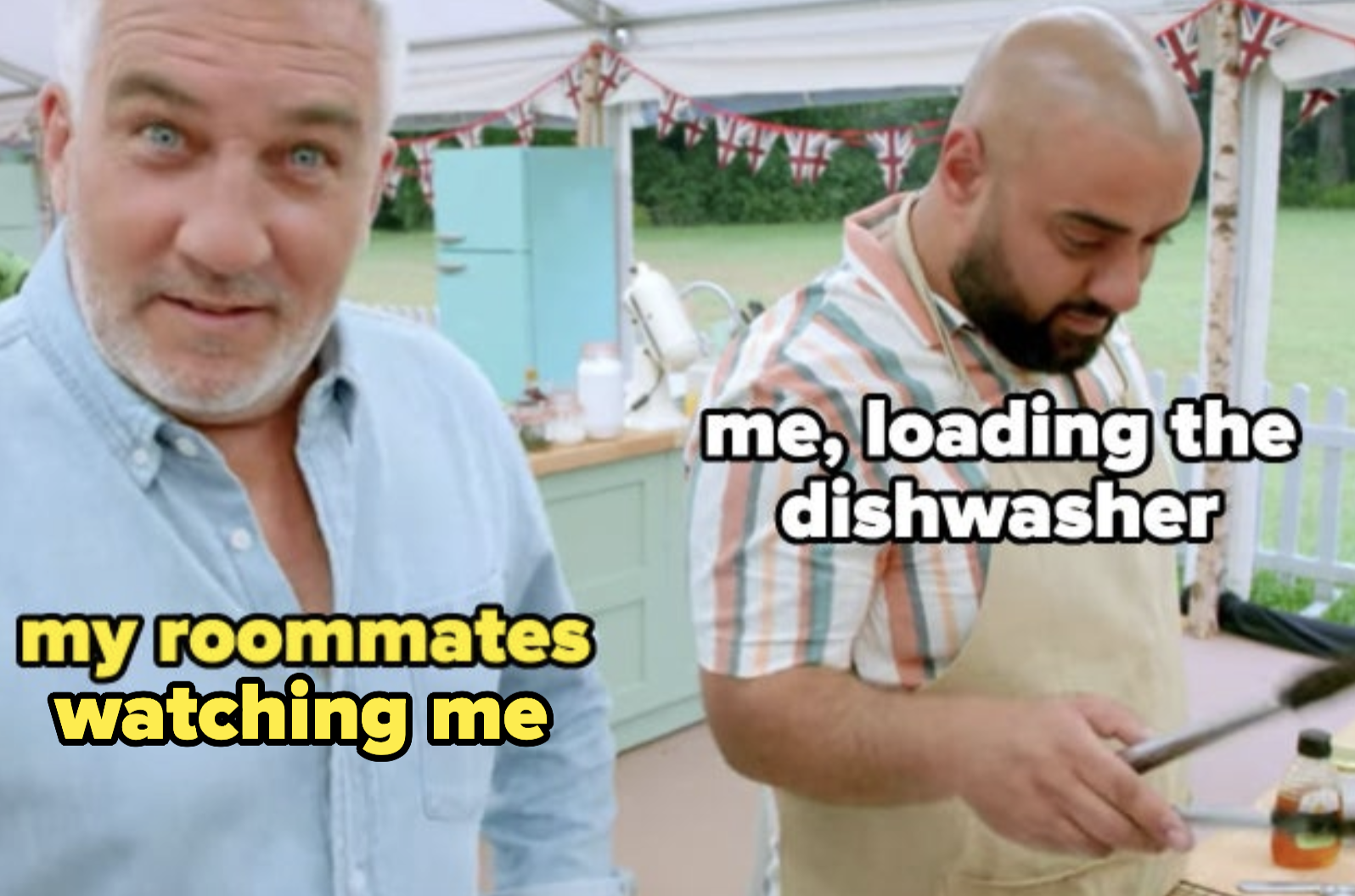 a meme in which a struggling george is me loading the dishwasher and an annoyed paul is my roommates watching me