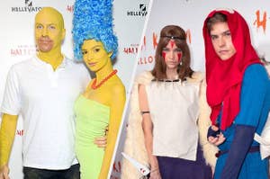 Emily Ratajkowski and Jeff Magid dress as Homer and Marge Simpson and Dylan Sprouse and Barbara Palvin dress as anime characters