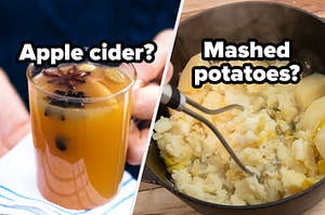 Two hands hold a mug of apple cider and a pot of potatoes are being mashed with a masher