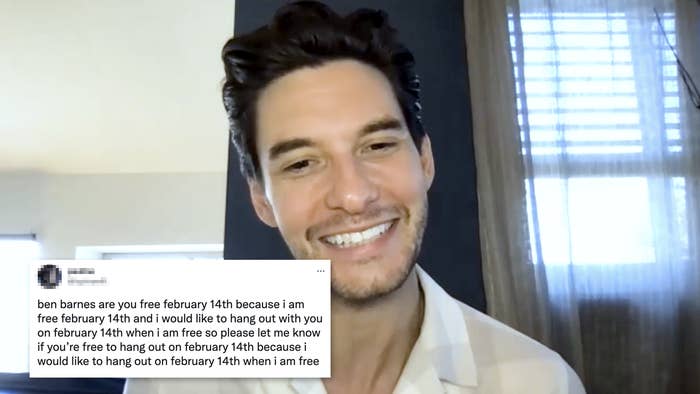 A tweet asking Ben if he's free on Valentine's day because they are free and would like to hang out. Ben smiles