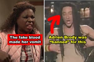 A side-by-side of Leslie Jones in "SNL" with fake blood on her face, plus Adrien Brody in fake locs on the "SNL" stage