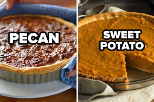 Two pie tins filled with pecan and sweet potato pies