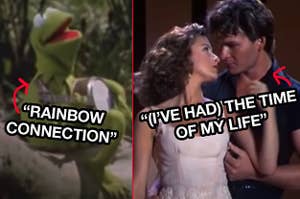 Kermit the frog from Rainbow Connection and the iconic scene from Dirty Dancing with Ive had the time of my life over top