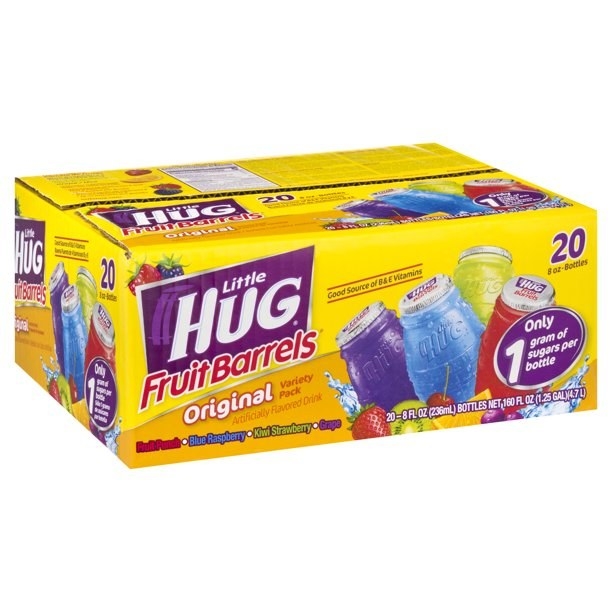 The plastic Little Hug Fruit Barrels filled with different-colored juices