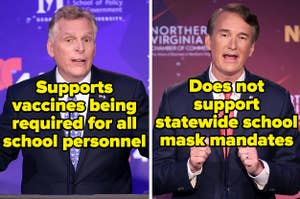 Supports vaccines being required for all school personnel written over Terry McAuliffe and does not support statewide school mask mandates written over Glenn Youngkin