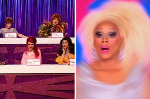 The queens dressed up as celebs playing snatch game and RuPaul looking shocked