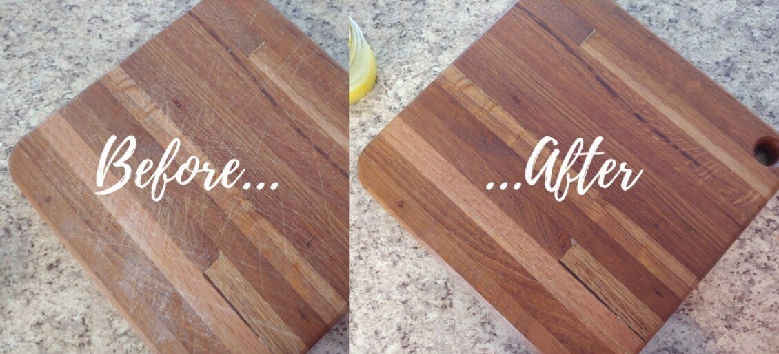 on left, wood cutting board covered in scratches. on right, same cutting board with less scratches after using conditioner above