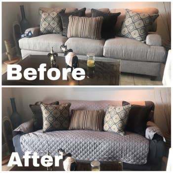 A reviewer's before and after, with the left side showing the couch without the cover and the right side showing the couch with the cover attached (and still looking quite neat)