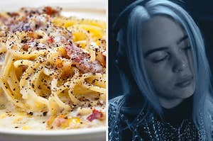 billie eilish on the right and carbonara on the left