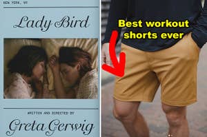 A side-by-side of the screenplay book for "Lady Bird" and someone in active workout clothes