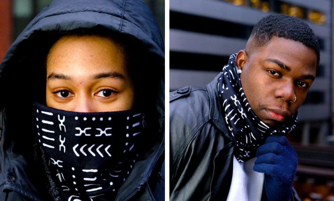 left side shows a person wearing a face covering that&#x27;s black with a white print and pulled up over their nose while the right shows another person wearing it pushed down so it just wraps around their neck like an infinity scarf