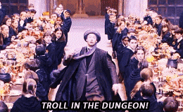 Quirrell yelling, Troll in the dungeon