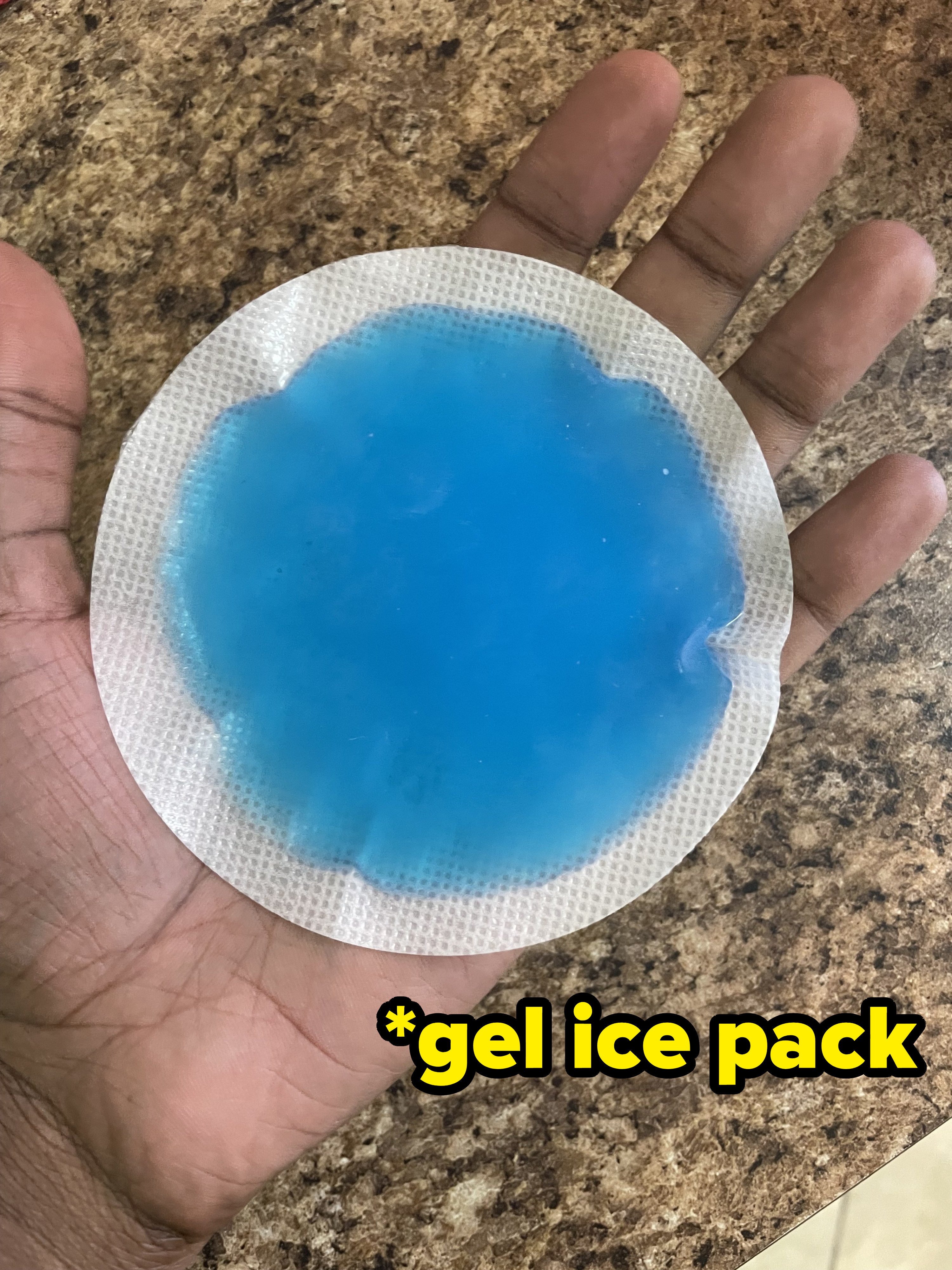 A photo of a gel ice pack in my hand